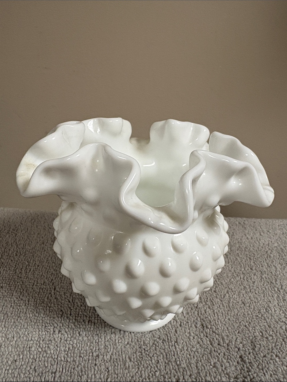 Vintage Fenton White Milk Glass Hobnail Vase Rose Bowl Ruffled Crimped Edge
